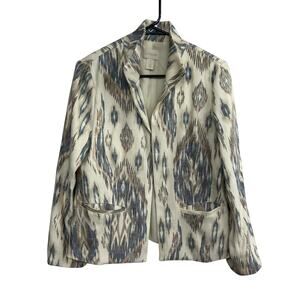 Western Chic Ikat Blazer Chico’s Open Front Jacket Cream Blue‎ Size 1 (M)